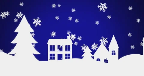 Digital animation of snow flakes falling over winter landscape against blue Stock Footage 142608722