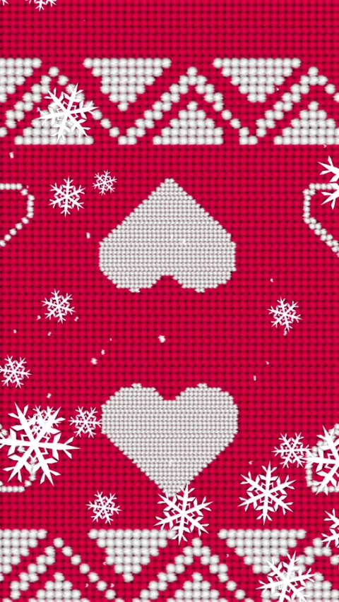 Digital animation of snow flakes falling over red christmas traditional pattern Stock Footage 342802546