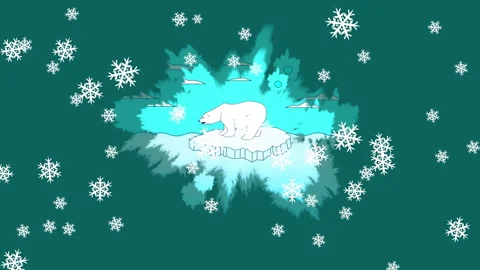 Digital animation of snowflakes falling over polar bear on iceberg against green Stock-Footage 142610264