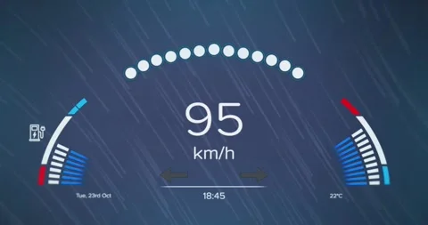 Digital animation of speedometer over light trails falling against blue Stock Footage 329864157