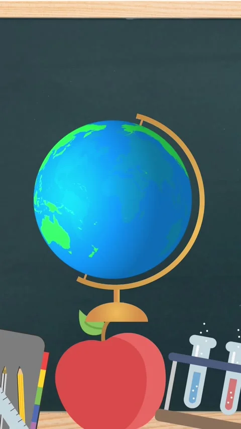 Digital animation of spinning globe icon over multiple school concept icons on 스톡 동영상 344693060