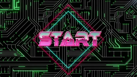 Digital animation of start text over neon squares against microprocessor Vídeo Stock 157903783