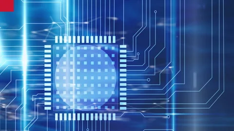 Digital animation of start text over neon squares against microprocessor Vídeo Stock 312389928