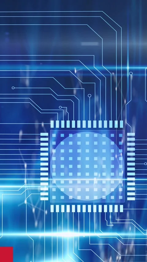 Digital animation of start text over neon squares against microprocessor 库存影片 323151683