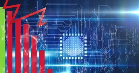 Digital animation of start text over neon squares against microprocessor Video stock 329698179