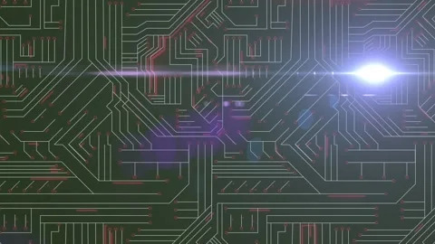 Digital animation of start text over neon hexagons microprocessor connections Stock Footage 329971375