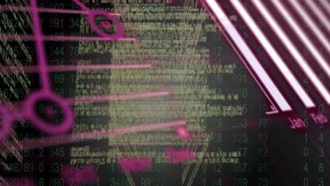Digital animation of statistical data processing and binary coding against grey Stock Footage 328006707