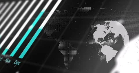 Digital animation of statistical data processing over globe and world map on Stock Footage 330335175