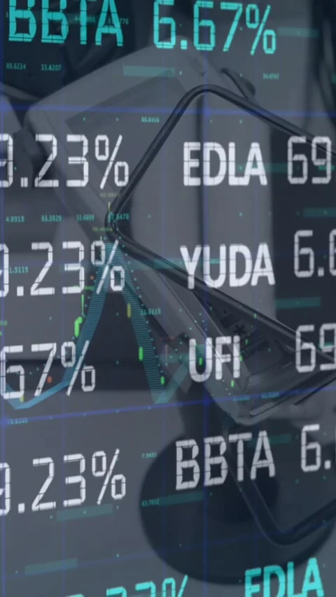 Digital animation of stock market data processing against smartphone on table Stock Footage 343887341