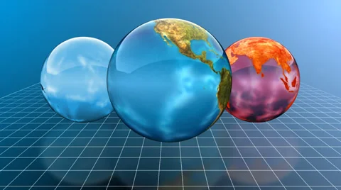 Digital animation of three globes of planet earth. One globe depicts a natural Vídeo Stock 32963080