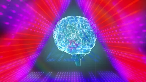 Digital animation of triangular glowing tunnel over spinning human brain against Stock Footage 328600870