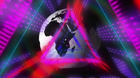 Digital animation of triangular glowing tunnel over spinning globe against black Stock Footage 330054154
