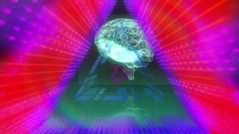 Digital animation of triangular glowing tunnel over spinning human brain against Stock Footage 330254242