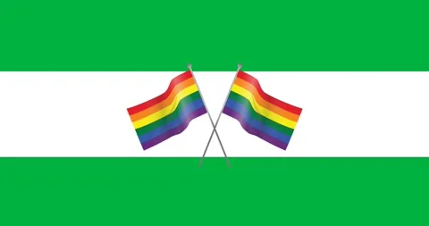 Digital animation of two rainbow flag icons over a white stripe against black Stock Footage 318862403