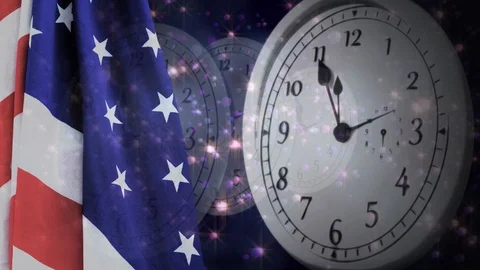 Digital animation of United States flag and wall clock 4k Stock Footage 98895953