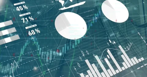 Digital animation of various charts moving over grid pattern and programming Stock Footage 326888526