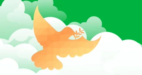 Digital animation of yellow dove bird icon flying against clouds icons on black Stock Footage 325485065