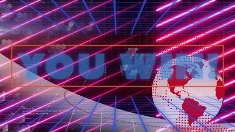 Digital animation of you win text with graphical rotating globe against loop of Stock Footage 329232183