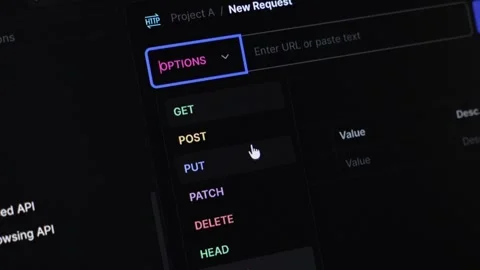 Digital API client interface displaying a dropdown menu with essential HTTP.. Stock Footage 318832030