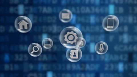 Digital application icons float on futuristic virtual interface - alpha channel 스톡 동영상 118060037