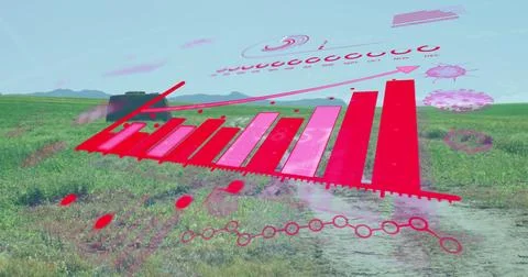Digital AR data display appearing over rural grassland, showing red 3D bar chart 스톡 사진