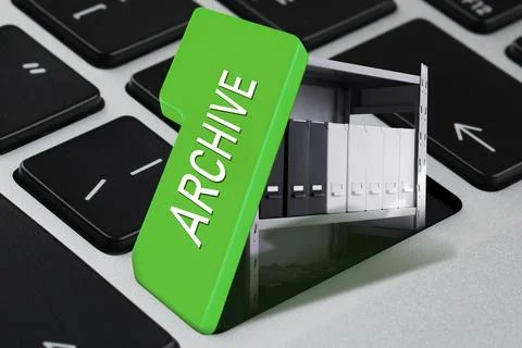 Digital archive. Rack with folders under open green button on computer keyboa Stock Photos