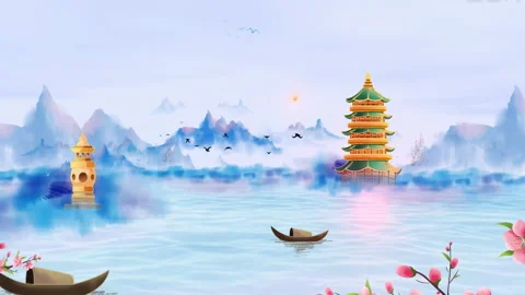 Digital art ancient ambience landscape of beautiful morning boat, birds 库存影片 282150264
