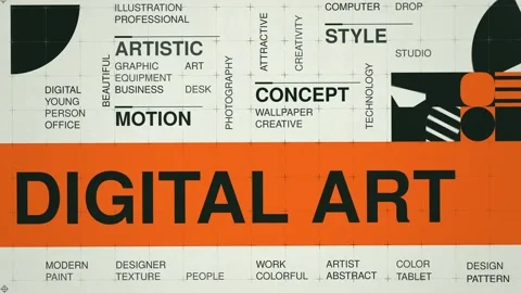 Digital art animated word cloud, swiss grid text design animation, seamless loop Stock Footage 347578457