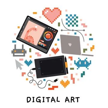 Digital art drawing tools and symbols like tablet, stylus, laptop, pixel gr.. Stock Illustration