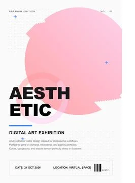 Digital Art Exhibition Poster featuring Geometric Pink Shapes and Minimal T.. Stock Illustration