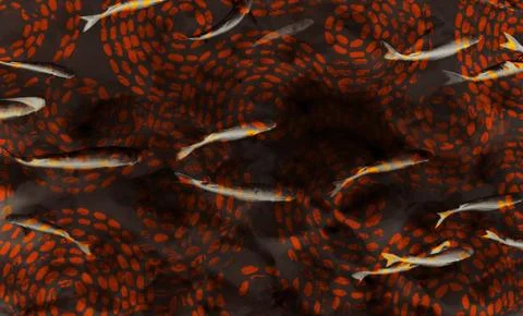 Digital art of fish flock with orange / red color dotted circles Stock Illustration