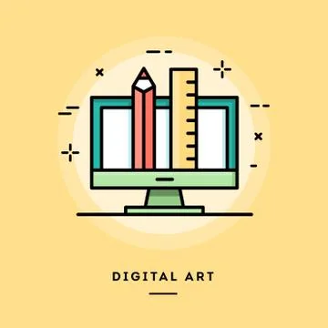 Digital art, flat design thin line banner Stock Illustration