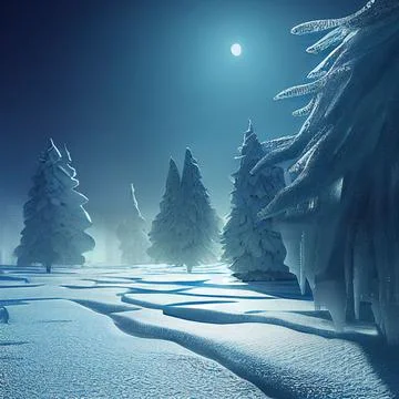 Digital art generated by AI with a full moon shining down on snowy trees in an i Ilustração Stock