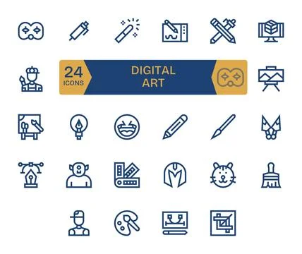 Digital Art Grid Fitted Vector Set with 24 Retina Ready Bold Line Icons Stock Illustration
