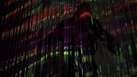 Digital art installation with a man from the future 스톡 동영상 171234794