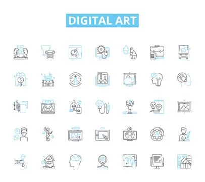 Digital art linear icons set. Pixels, Vector, Painting, Sketching, Coloring 스톡 일러스트