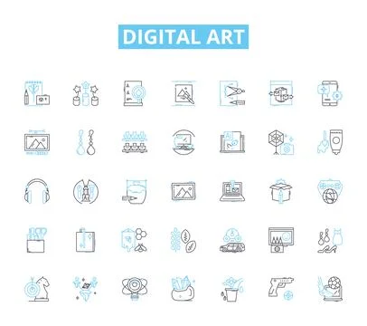 Digital art linear icons set. Pixels, Vector, Painting, Sketching, Coloring Stock Illustration