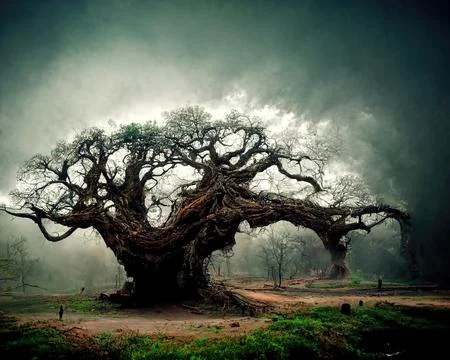 Digital art of old big tree with amazing branches, 3d illustration Stock Illustration