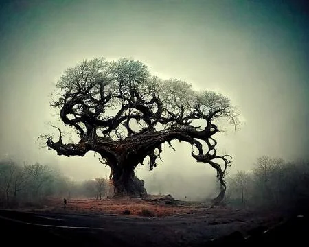 Digital art of old big tree with amazing branches, 3d illustration Stock Illustration