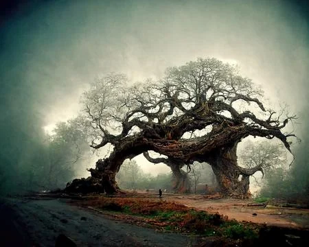 Digital art of old big tree with amazing branches, 3d illustration Stock Illustration