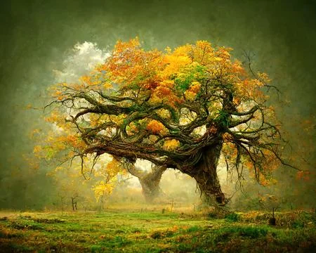 Digital art of old big tree with amazing branches, 3d illustration Stock Illustration