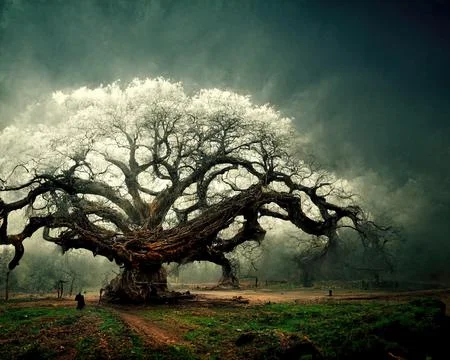 Digital art of old big tree with amazing branches, 3d illustration Stock Illustration
