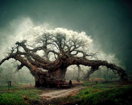 Digital art of old big tree with amazing branches, 3d illustration Stock Illustration