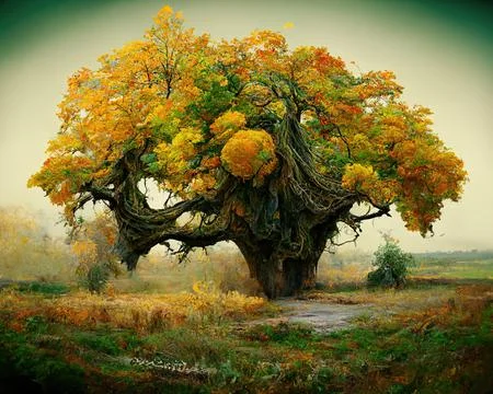 Digital art of old big tree with amazing branches, 3d illustration Stock Illustration