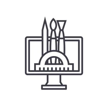 Digital art, pen, brush, computer concept vector thin line icon, symbol, sign Stock Illustration