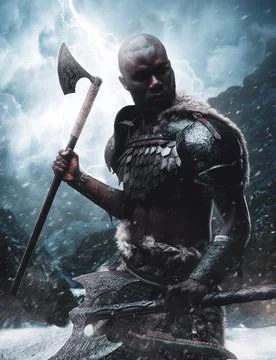 Digital art of a scandinavian black skinned warrior with axe in blizzard Stock Photos