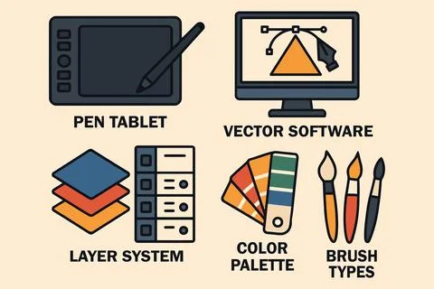 Digital art tools computer graphics design software and creative equipment 스톡 일러스트