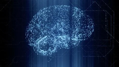 Digital Artificial Intelligence bright blue brain apperas in binary data scan 库存插图