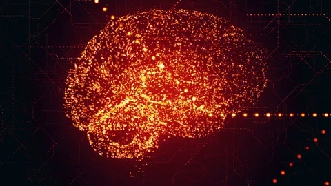 Digital Artificial Intelligence bright red brain apperas in binary data scan Stock Footage 96030103