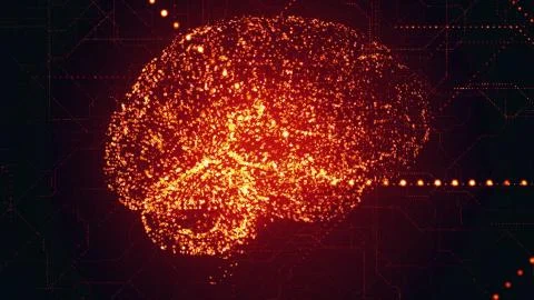 Digital Artificial Intelligence bright red brain apperas in binary data scan Stock Illustration